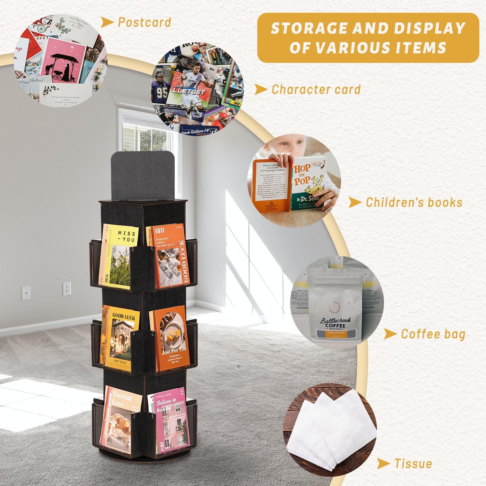 Natheeph Rotating Display Stand Greeting Card Display Wooden Display Rack with Two Card Sticker for Greeting Card Vendor Coffee